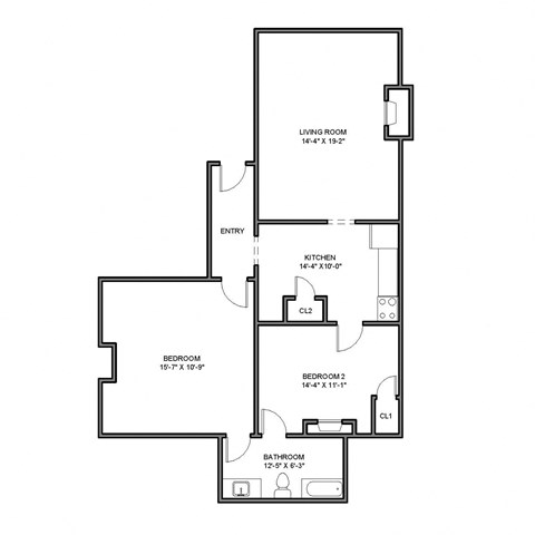 Floor plan for 2 beds, 1 bath, 635 sqft